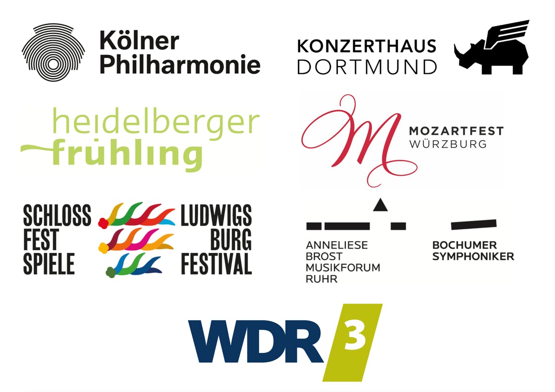 Kölner Philharmonie, Konzerthaus Dortmund, Heidelberger Frühling, Mozartfest Würzburg, Ludwigsburger Schlossfestspiele, Bochumer Sinfoniker im Anneliese Brost Musikforum Ruhr, WDR 3